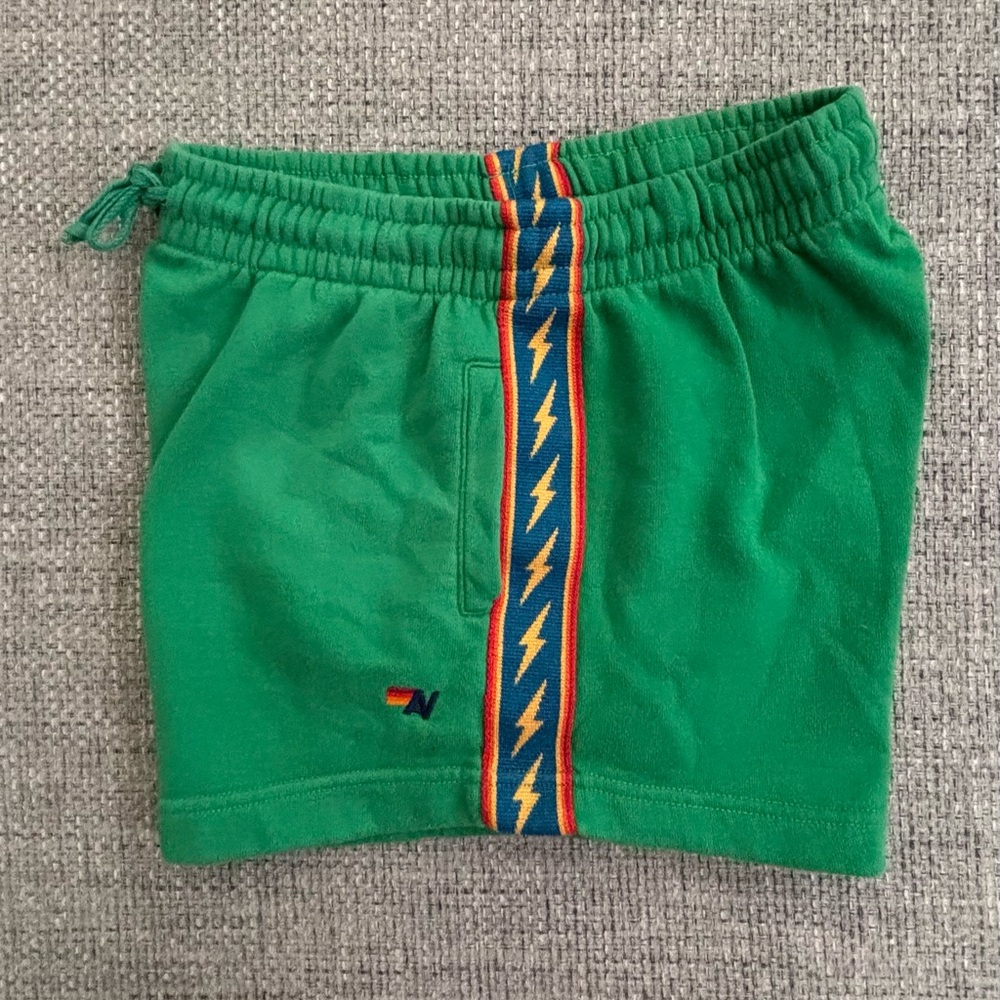 Aviator Nation 🌈 Kelly Green Bolt Stripe Lounger Shorts with Pockets Size Large
